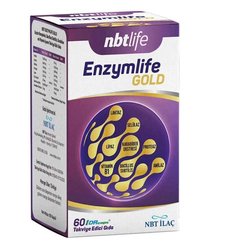 Nbtlife Enzymlife Gold Enzim Kompleksi, Bacillus Subtilis, Karabiber Ve Vitamin İçeren Takviye Edici Gıda 60 Kapsül - 1