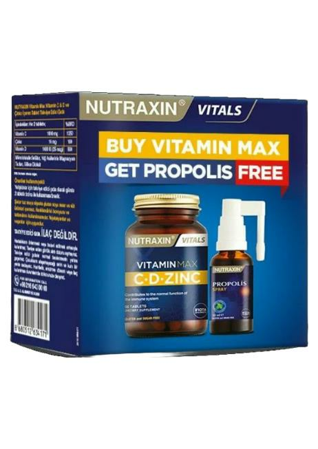 Nutraxin Vitamin Max C- D Zinc 60 Kapsül Alana Propolis Sprey Hediye - 1