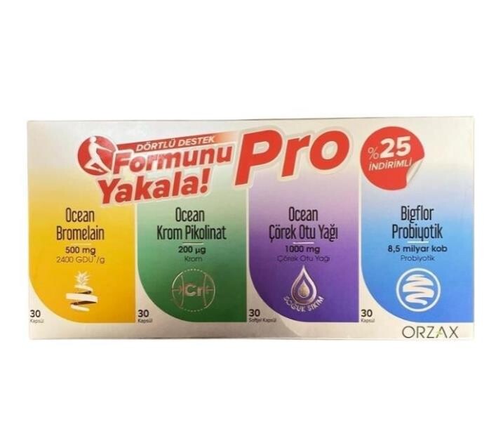 Orzax Ocean Formunu Yakala Pro Dörtlü Destek Seti ( Ocean Bromelain , Ocean Krom Pikolinat, Ocean Çörek Otu Yağı, Bigflor Probiyotik ) - 1