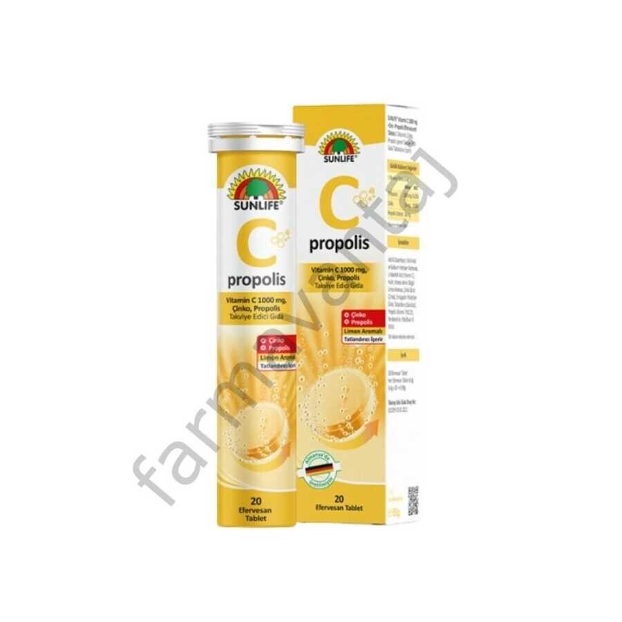 Sunlife C Propolis,Vitamin C 1000mg, Çinko İçeren Limon Aromalı Takviye Edici Gıda 20 Efervesan Tablet - 1